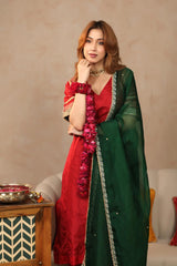 Bridal Red Banarasi Silk Suit Set with Hand Work Kurta and Contrast Organza Dupatta