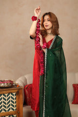 Bridal Red Banarasi Silk Suit Set with Hand Work Kurta and Contrast Organza Dupatta