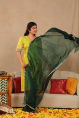 Bridal Lime Green Banarasi Silk Suit Set with Contrast Organza Dupatta