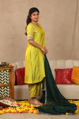 Bridal Lime Green Banarasi Silk Suit Set with Contrast Organza Dupatta