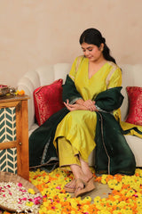 Bridal Lime Green Banarasi Silk Suit Set with Contrast Organza Dupatta
