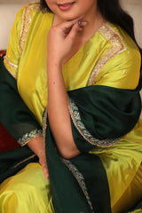 Bridal Lime Green Banarasi Silk Suit Set with Contrast Organza Dupatta