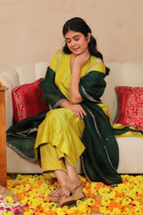Bridal Lime Green Banarasi Silk Suit Set with Contrast Organza Dupatta