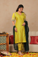 Bridal Lime Green Banarasi Silk Suit Set with Contrast Organza Dupatta