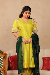 Bridal Lime Green Banarasi Silk Suit Set with Contrast Organza Dupatta