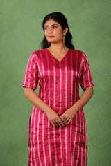 Magenta Pink Tissue Silk Kurta Pant Set with Silver Zari Vertical Stripes
