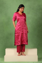 Magenta Pink Tissue Silk Kurta Pant Set with Silver Zari Vertical Stripes