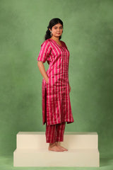 Magenta Pink Tissue Silk Kurta Pant Set with Silver Zari Vertical Stripes