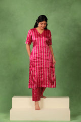 Magenta Pink Tissue Silk Kurta Pant Set with Silver Zari Vertical Stripes