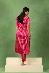 Magenta Pink Tissue Silk Kurta Pant Set with Silver Zari Vertical Stripes