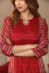 Dark Red Tissue Silk A-Line Kurta Pant Set for Brides Maid