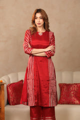 Dark Red Tissue Silk A-Line Kurta Pant Set for Brides Maid