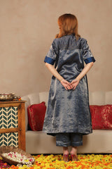 Midnight Blue Raw Silk Tissue Co-ord Set with Blazer and Inner Top