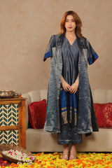 Midnight Blue Raw Silk Tissue Co-ord Set with Blazer and Inner Top