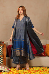 Midnight Blue Raw Silk Tissue Co-ord Set with Blazer and Inner Top
