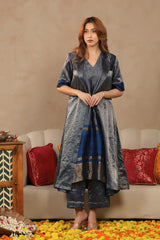 Midnight Blue Raw Silk Tissue Co-ord Set with Blazer and Inner Top