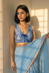 Blue Floral Printed Silk Blouse