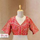 Red patterned blouse design on a mannequin, promoting Diwali sale offer on blouses up to 50%