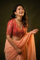 Red Banarasi Blouse with Geometrical Handwork