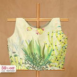 marine green printed top blouse on a mannequin with a beige background, with promotional text of 50% off