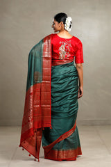 Nitam Ambani Red blouse with intricate Radha Krishna zari embroidery with offers texts