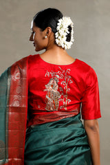 Nitam Ambani Red blouse with intricate Radha Krishna zari embroidery with offers texts