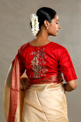 Red Banarasi Silk Blouse with Radha-Krishna Hand-Embellished Motif