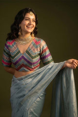 Steel Blue Rangkat Silk Blouse