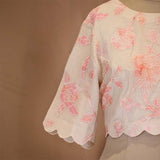 Off-White Organza Silk Blouse with Peach Floral Appliqué Work