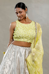 Lime Yellow Silk Sleeveless Blouse with Floral Handwork