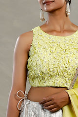 Lime Yellow Silk Sleeveless Blouse with Floral Handwork