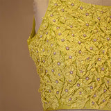 Lime Yellow Silk Sleeveless Blouse with Floral Handwork