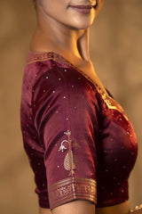 Brown Satin Silk Handloom Banarasi Blouse with Gold Zari Accents