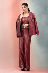 It is a raspberry pink co-ord set in Banarasi silk fabric for party look