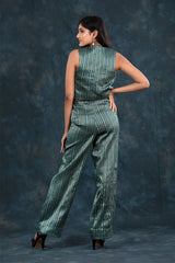 Forest Green Striped Woven Banarasi Silk Co-ord Set - Chinaya Banaras