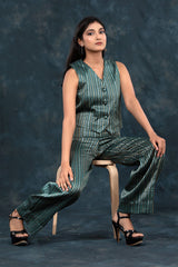 Forest Green Striped Woven Banarasi Silk Co-ord Set - Chinaya Banaras