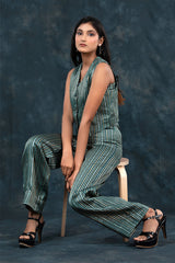 Forest Green Striped Woven Banarasi Silk Co-ord Set - Chinaya Banaras