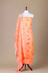Peach Floral Printed Organza Silk Dress Material - Chinaya Banaras