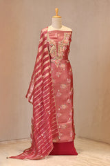 Rust Tissue Silk Unstitched Suit Set with Floral Print