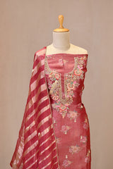 Rust Tissue Silk Unstitched Suit Set with Floral Print