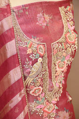 Rust Tissue Silk Unstitched Suit Set with Floral Print
