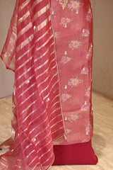 Rust Tissue Silk Unstitched Suit Set with Floral Print