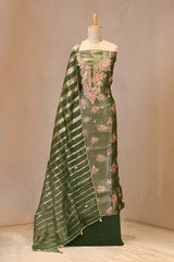 Bottle Green Raw Silk Three Piece Suit Set with Floral Print