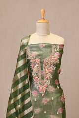 Bottle Green Raw Silk Three Piece Suit Set with Floral Print