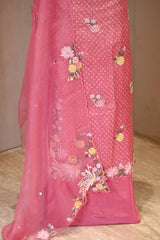 Pink Organza Silk Three Piece Suit Set with Floral Embroidery