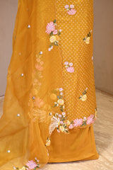 Yellow Organza Silk Suit Set with Floral Embroidery