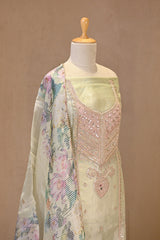Pista Green Tissue Silk Three Piece Suit Set with Gota Patti