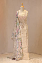 Beige Tissue Silk Unstitched Suit Set with Gota Patti Neckline