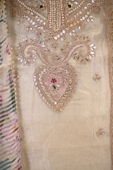 Beige Tissue Silk Unstitched Suit Set with Gota Patti Neckline