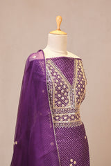 Deep Purple Organza Silk Unstitched Suit Set with Bandhani Print